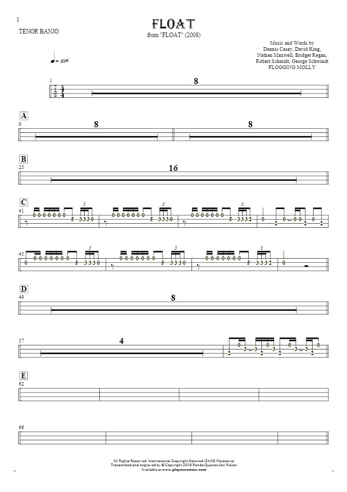 Float - Tablature (rhythm. values) for tenor banjo - banjo