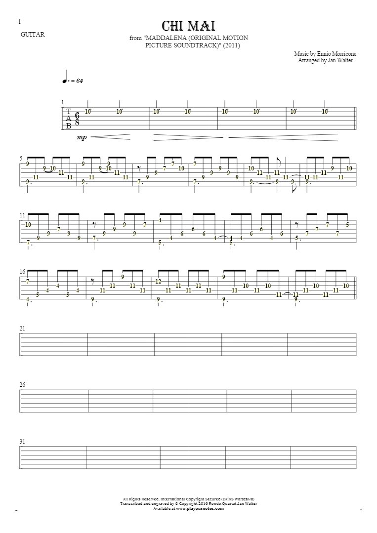 Chi Mai - Tablature (rhythm values) for guitar solo (fingerstyle)