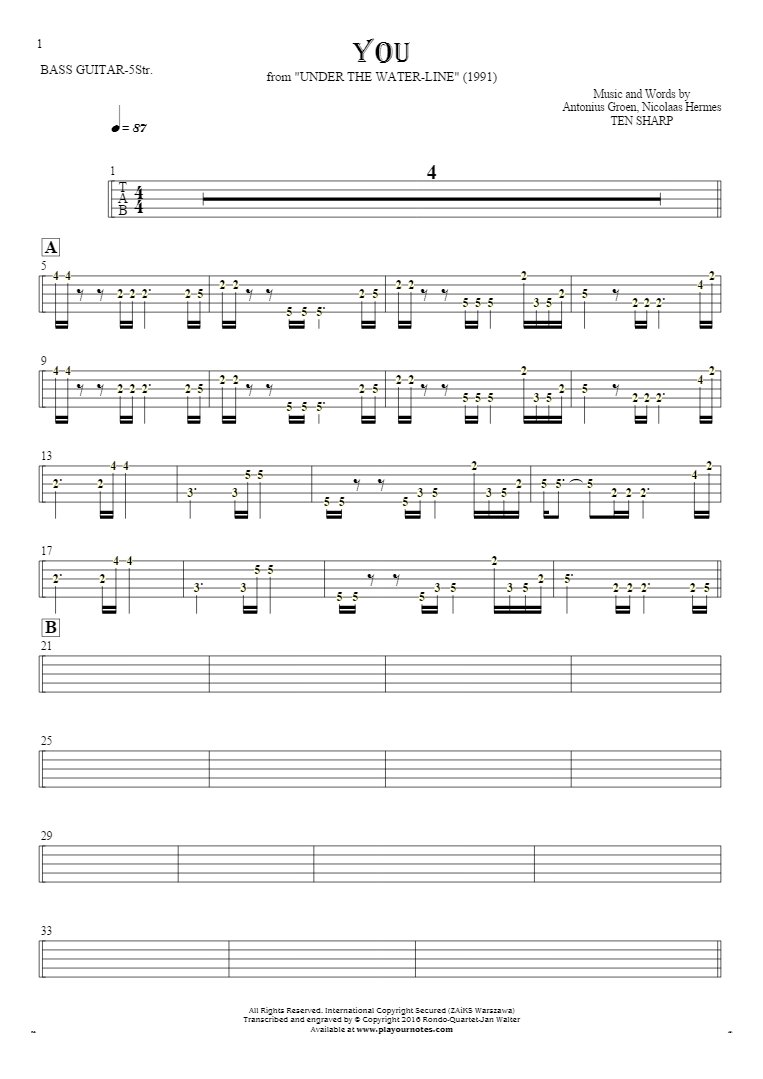 You - Tabulatura (wartości rytm.) na gitarę basową (5-str.)