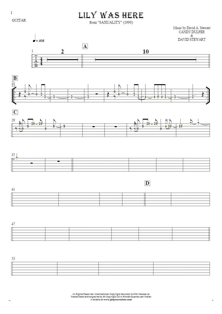 Lily Was Here - Tablature (rhythm values) for guitar