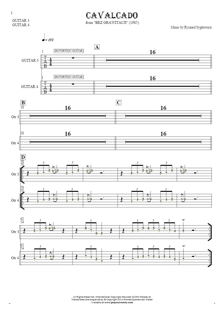 Cavalcado - Tabulatura (wartości rytmiczne) na gitarę - partia gitary 3 i 4