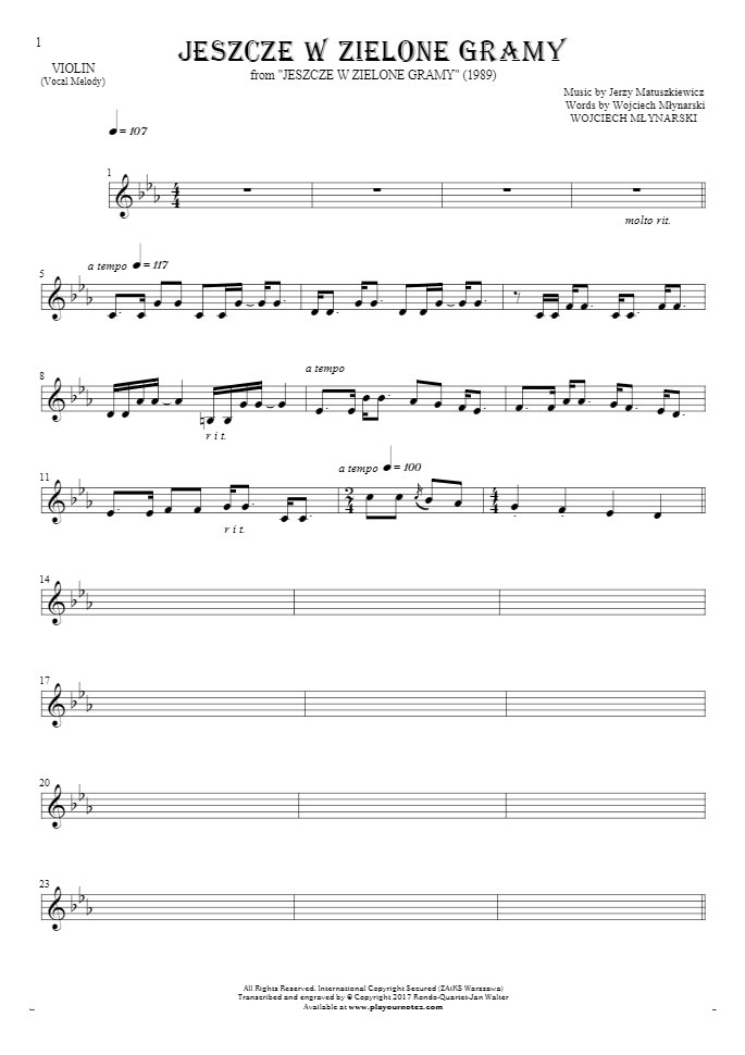 Jeszcze w zielone gramy - Notes for violin - melody line