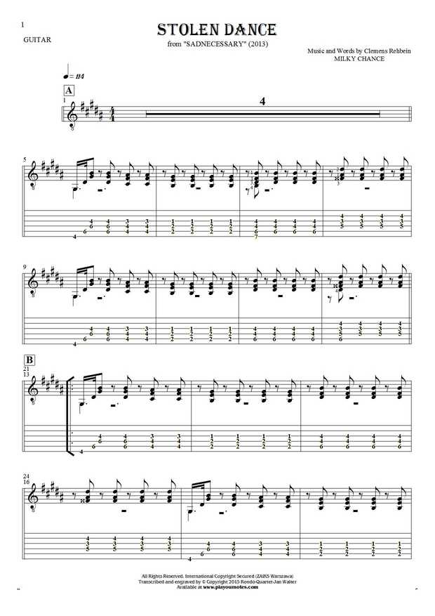 Stolen Dance - Notes and tablature for guitar