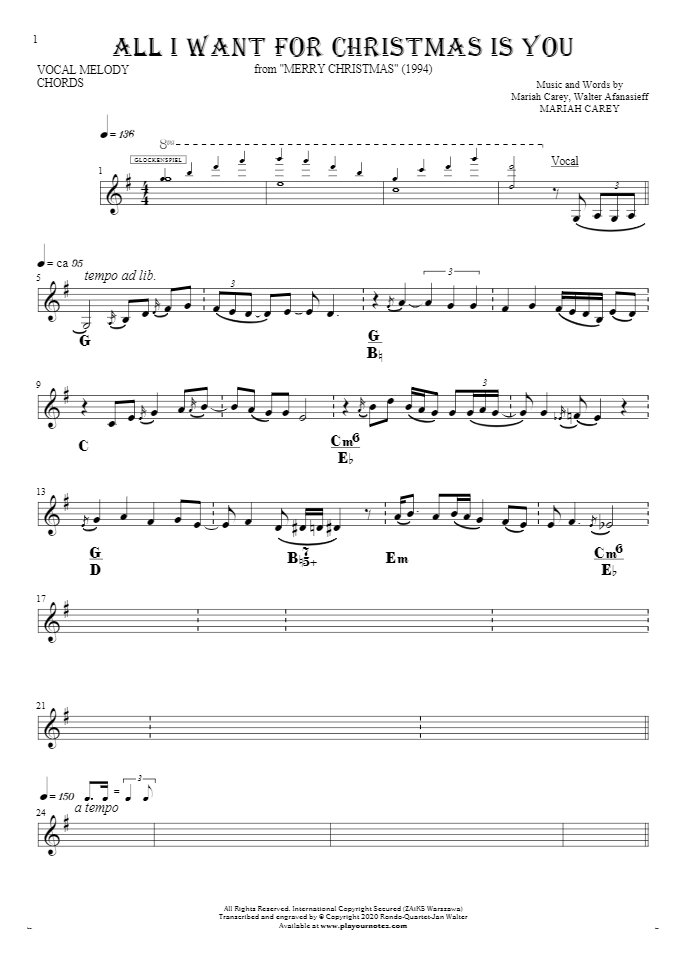 All I Want For Christmas Is You - Notes and chords for solo voice with accompaniment