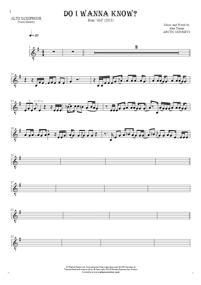 Do I Wanna Know? - Notes for alto saxophone - melody line