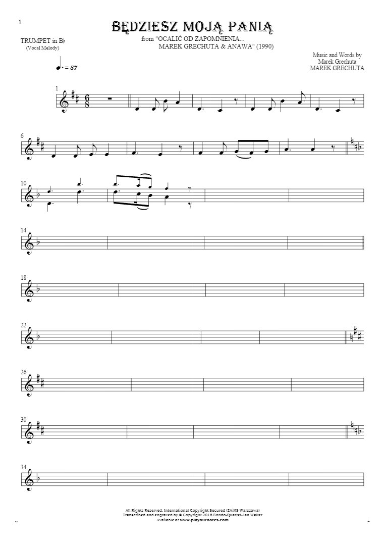 Będziesz moją panią - Notes for trumpet