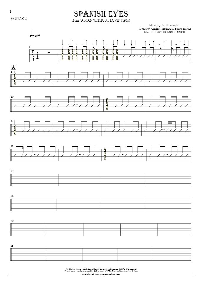 Spanish Eyes - Tablature (rhythm. values) for guitar - guitar 2 part