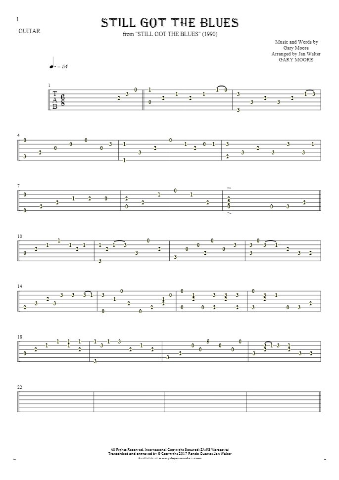 Still Got The Blues - Tablature for guitar solo (fingerstyle)