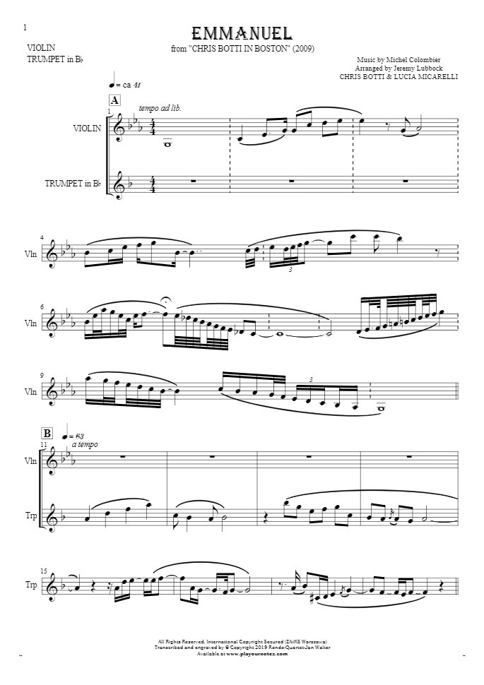 Emmanuel - Notes for violin and trumpet