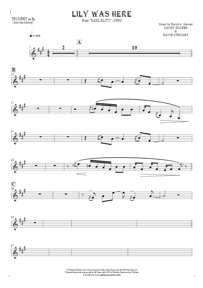 Lily Was Here - Notes for trumpet - saxophone part