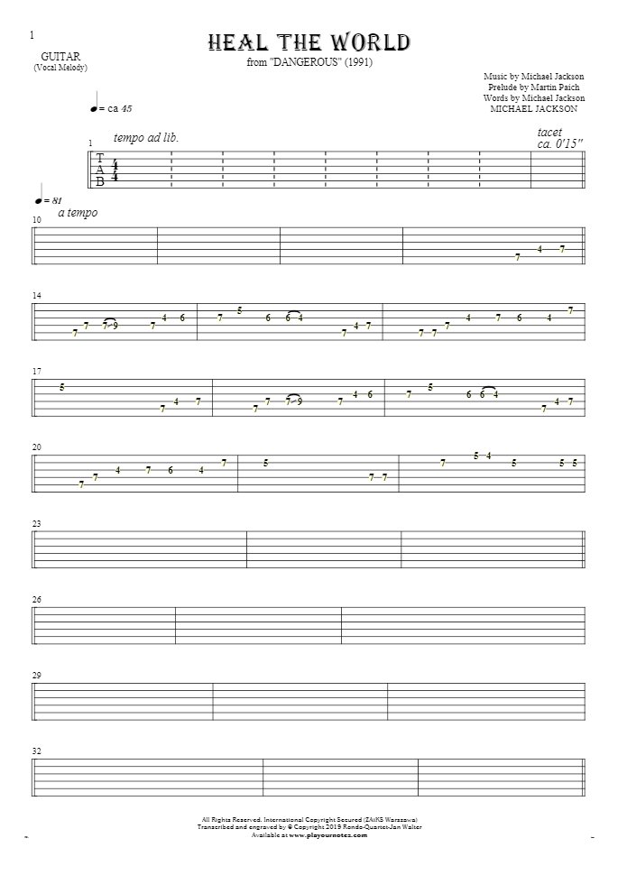 Heal The World - Tablature for guitar - melody line
