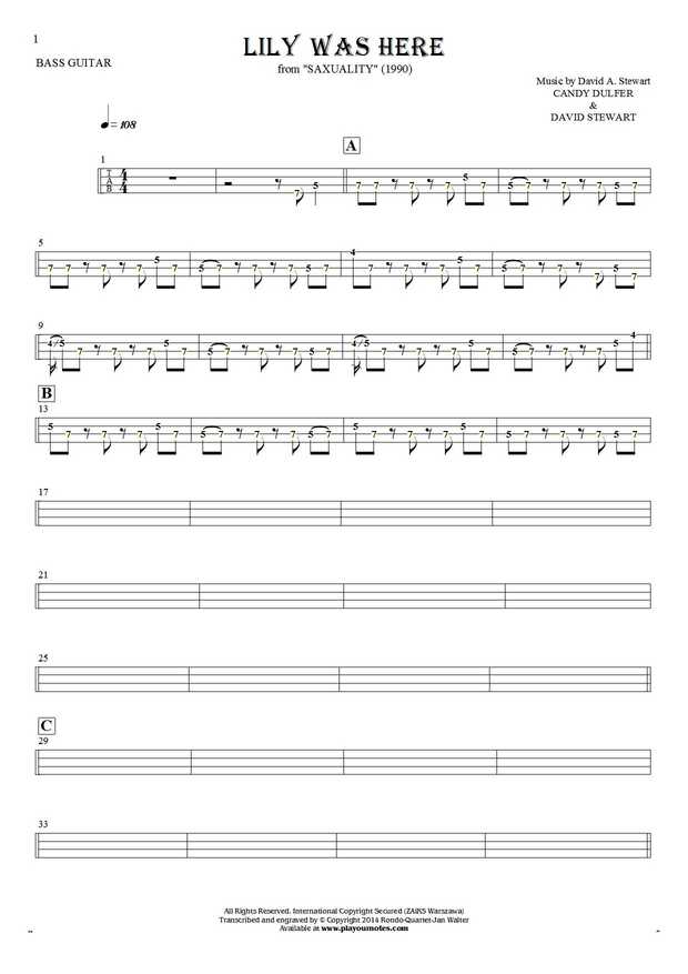 Lily Was Here - Tablature (rhythm values) for bass guitar