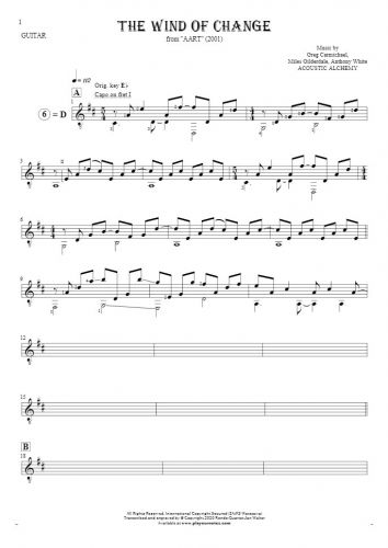The Wind of Change - Notes (in transposing) for guitar