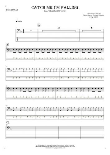 Catch Me I’m Falling - Notes and tablature for bass guitar