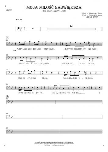 Moja miłość największa - Notes and lyrics-(bass clef) for vocal - melody line