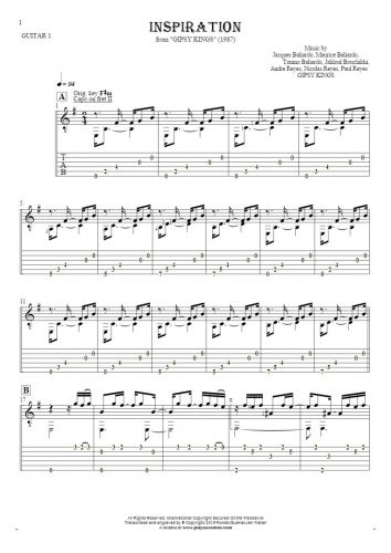 Inspiration - Notes (in transposing) and tablature for guitar - guitar 1 part
