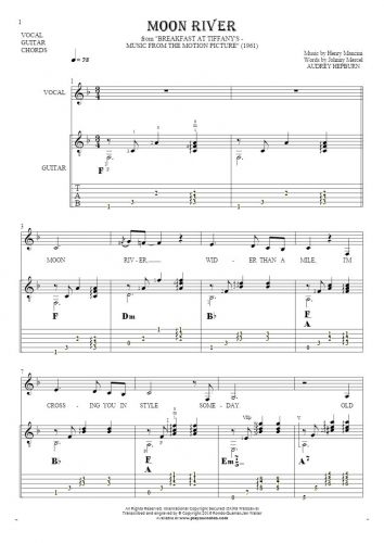 Moon River - Notes, tablature, chords and lyrics for vocal with guitar accompaniment