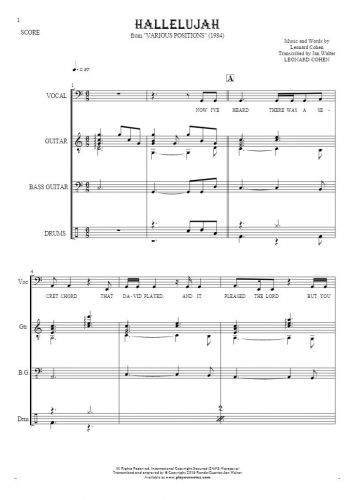 Hallelujah - Partitur mit Vokal in Bass-Schlüssel