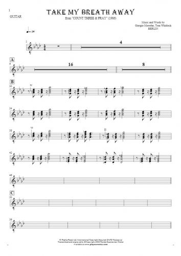 Take My Breath Away - Notes for guitar