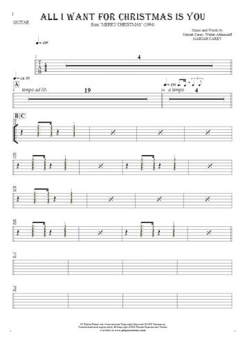 All I Want For Christmas Is You - Tablature (rhythm. values) for guitar