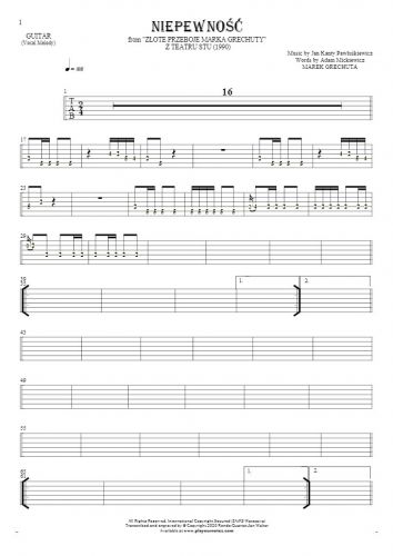 Niepewność - Tabulatura (wartości rytm.) na gitarę - linia melodyczna