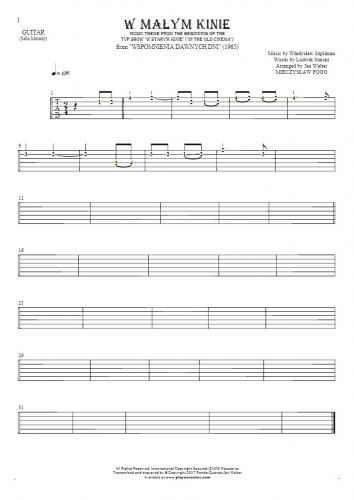 In the small cinema - Tablature (rhythm. values) for guitar - melody line
