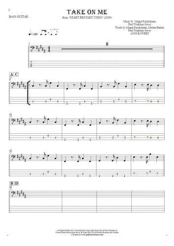 Take On Me - Notes and tablature for bass guitar