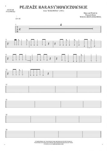 Pejzaże harasymowiczowskie - Tablature (rhythm. values) for guitar - melody line