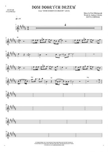 Dom dobrych drzew - Notes for guitar - melody line