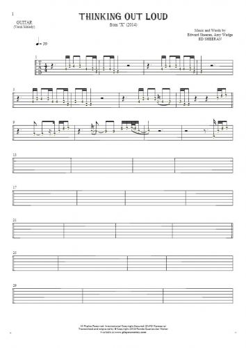 Thinking Out Loud - Tablature (rhythm. values) for guitar - melody line