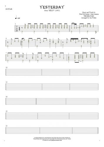 Yesterday - Tablature (rhythm values) for guitar solo (fingerstyle)
