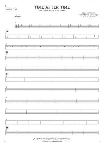 Time After Time - Tablature for bass guitar