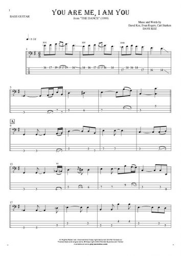 You Are Me, I Am You - Notes and tablature for bass guitar