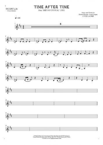Time After Time - Notes for trumpet - melody line