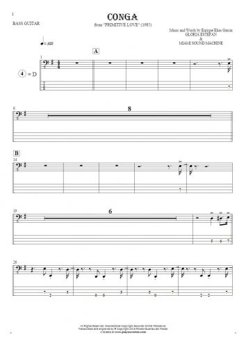 Conga - Notes and tablature for bass guitar