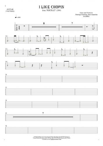 I Like Chopin - Tablature (rhythm. values) for guitar - melody line