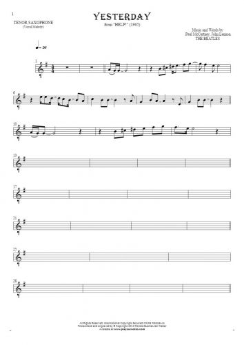 Yesterday - Notes for tenor saxophone - melody line