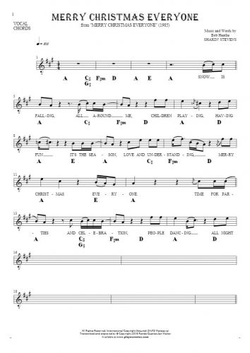 Merry Christmas Everyone - Notes, lyrics and chords for vocal with accompaniment
