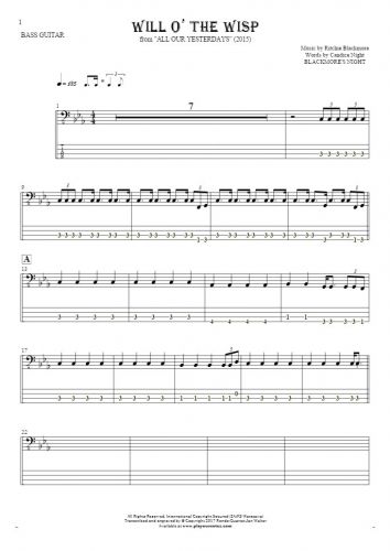 Will O' The Wisp - Notes and tablature for bass guitar