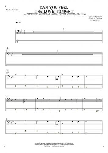 Can You Feel the Love Tonight - Notes and tablature for bass guitar