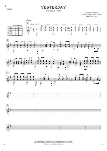 Yesterday - Noten (in Transposition) für Gitarre