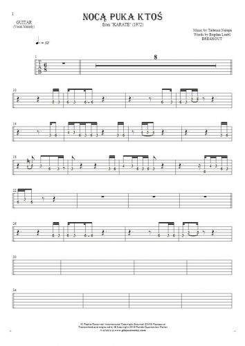 Somebody's Knocking At The Door At Nigh - Tablature (rhythm. values) for guitar - melody line