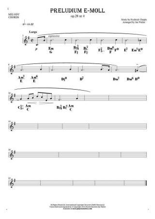 Präludium e-moll op. 28 nr 4 - Noten und Akkorde für Solo Stimme mit Begleitung