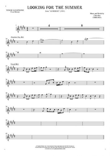 Looking For The Summer - Notes for tenor saxophone - melody line