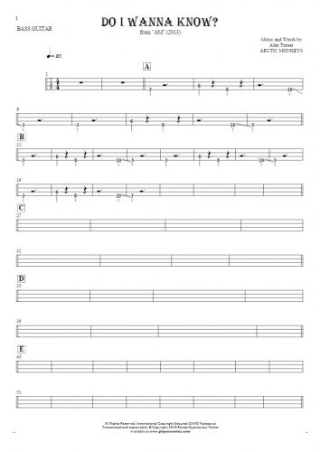 Do I Wanna Know? - Tablature (rhythm. values) for bass guitar
