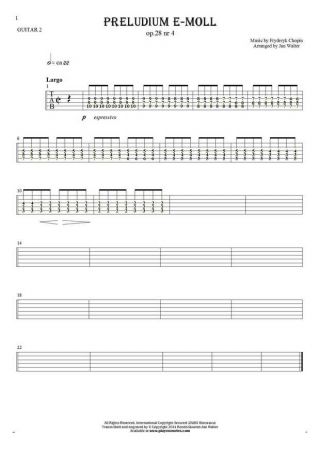 Prelude e-minor op. 28 nr 4 - Tablature (rhythm values) for guitar - guitar 2 part