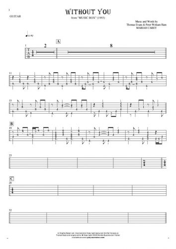 Without You - Tablature (rhythm. values) for guitar