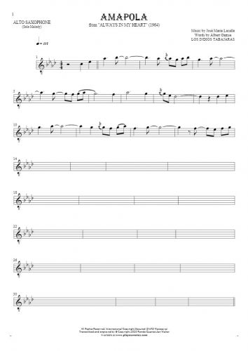 Amapola - Notes for alto saxophone - melody line