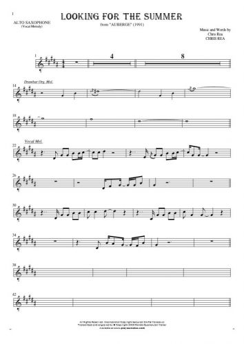 Looking For The Summer - Notes for alto saxophone - melody line
