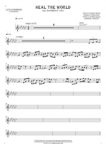 Heal The World - Notes for alto saxophone - melody line